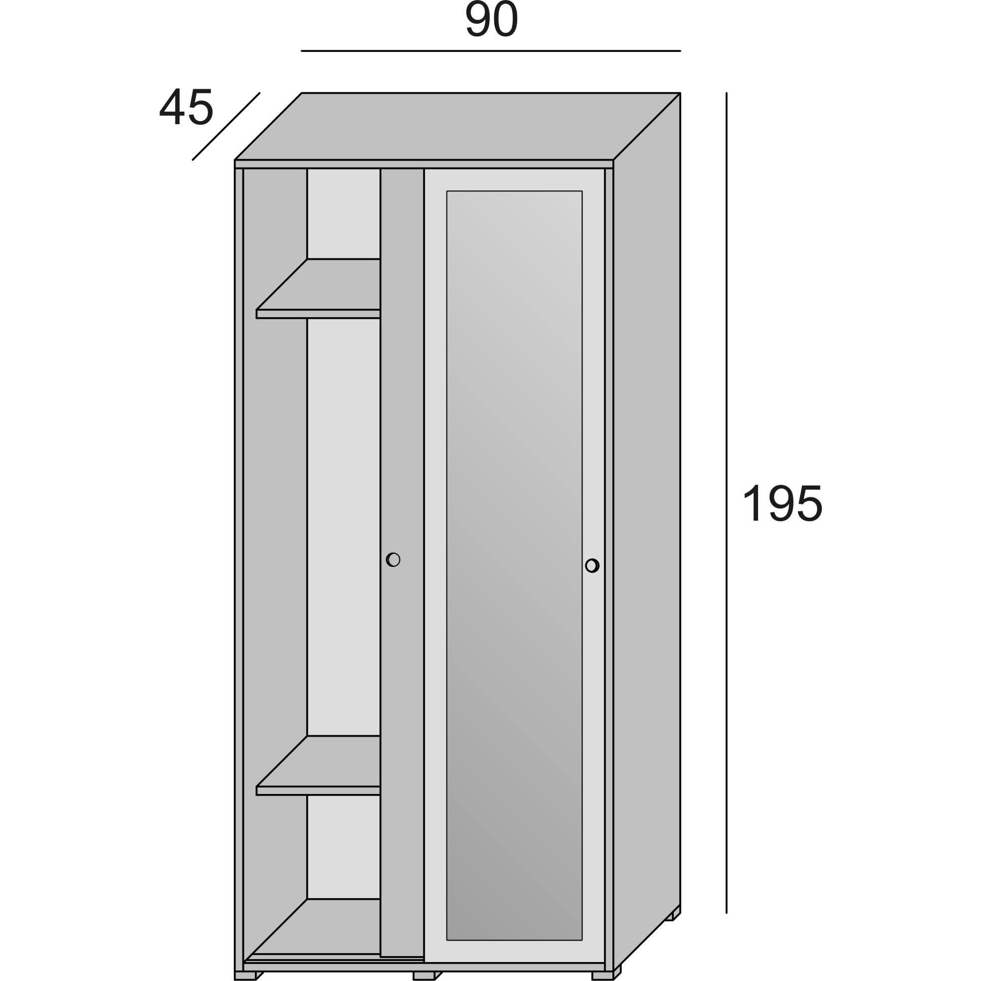 Guardaroba Tulipano, Armadio a 2 ante scorrevoli e specchio, Mobile con barra appendiabiti e ripiani, 100% Made in Italy, Cm 90x45h195, Rovere e Bianco