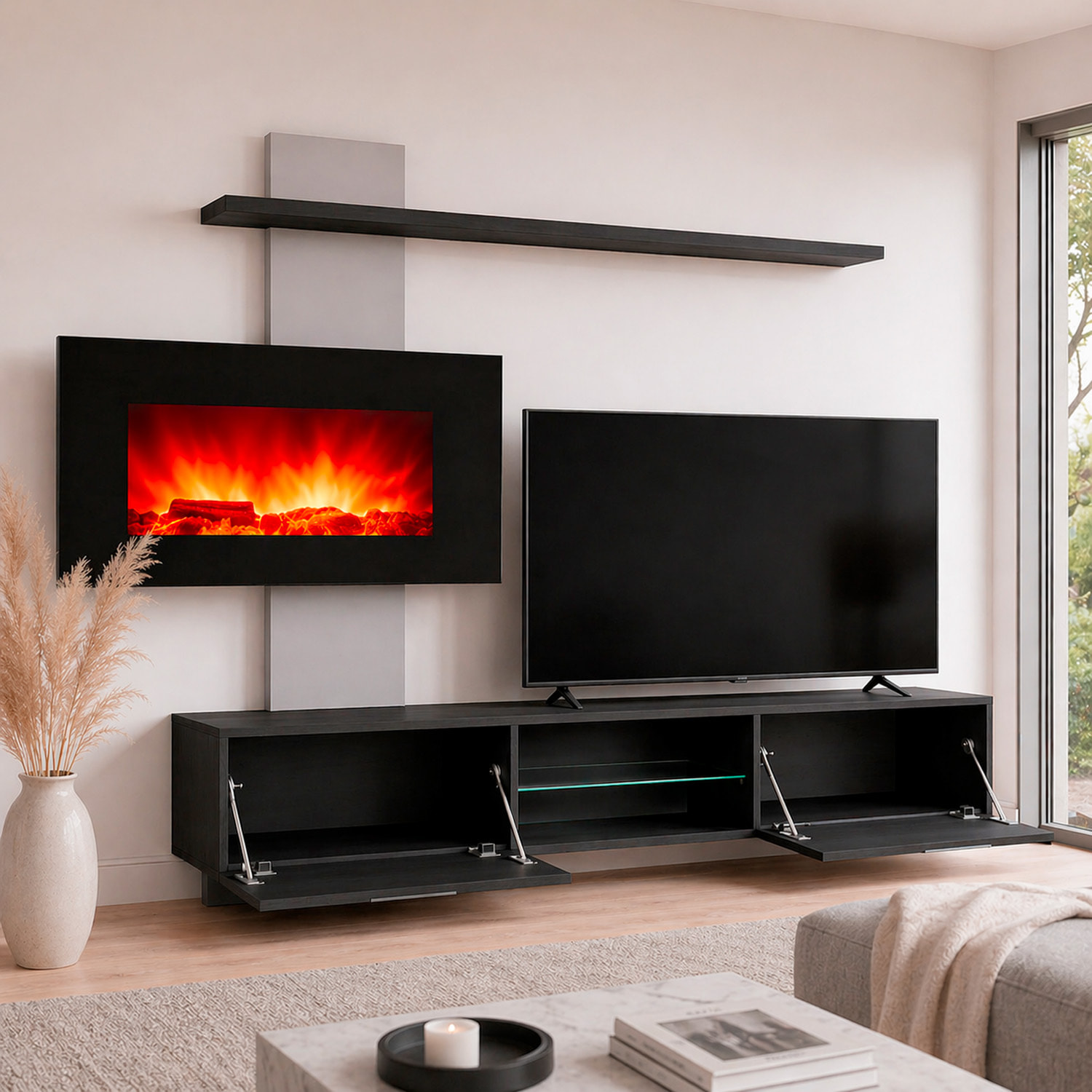 Parete Attrezzata Soggiorno Mobile Tv Biocamino Led Mensola Design Living Arredo Casa Contenitore Vetro Push Click 250 x 170 x 40 Cm Nero E Grigio
