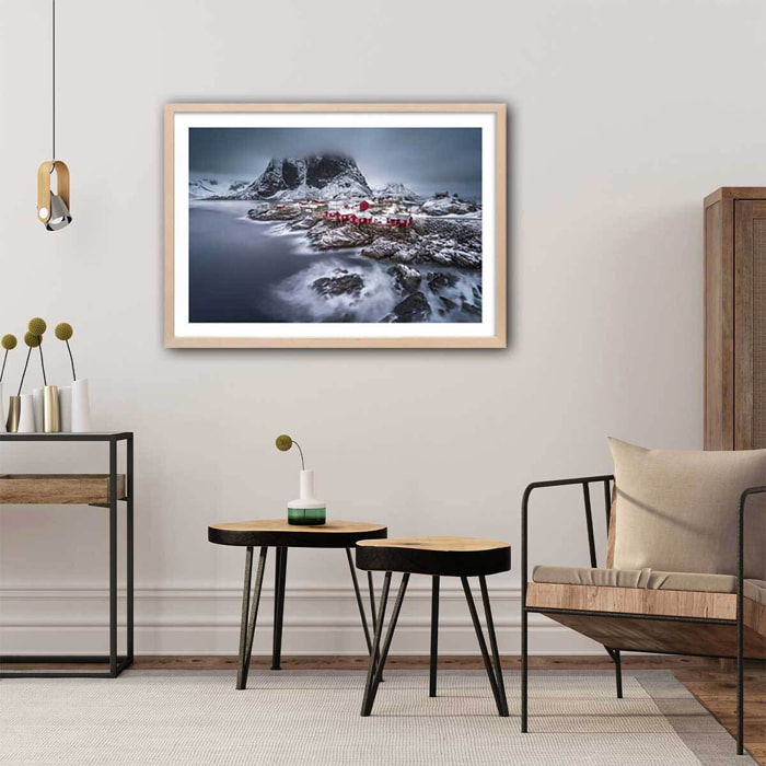 Affiche paysage hiver magique aux lofoten Affiche + cadre en bois - Chêne