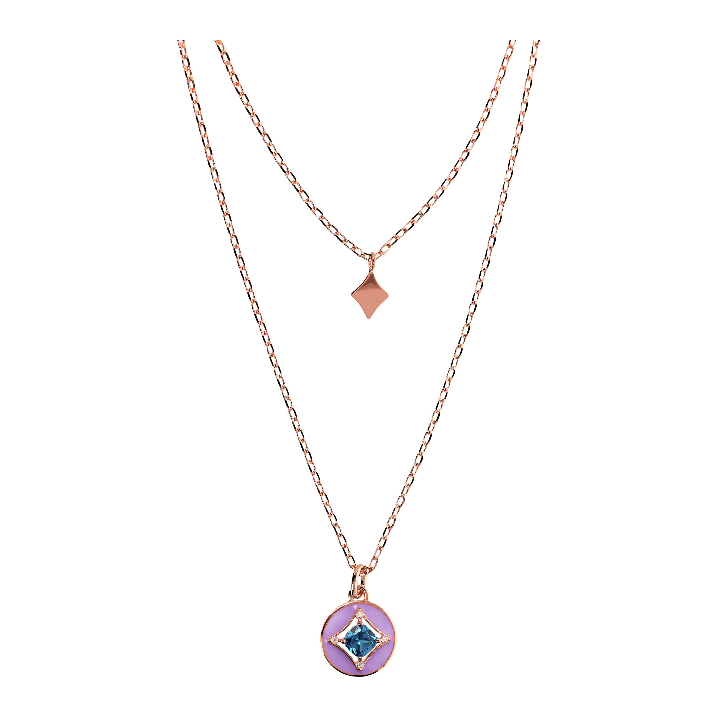 Collana Multifilo Catena Forzatina con Ciondolo Étoile e Pendente Tondo Smaltato Viola con Cubic Zirconia Blu