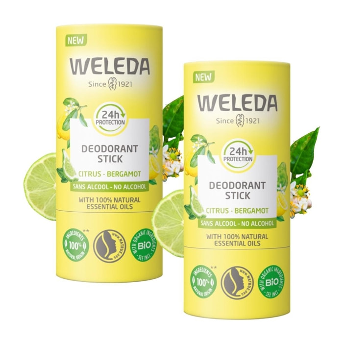 WELEDA - Duo Deodorant stick Citrus Bergamot - Efficacité 24H - Vegan* - Certifié Natrue** - Stick 2x50 g