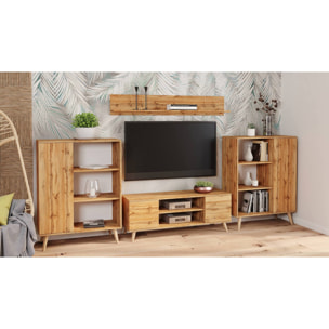 Mobile porta tv con 2 ante e 1 ripiano centrale, Credenza con piedini, Buffet da soggiorno in stile scandi, cm 155x40h50, colore Acero