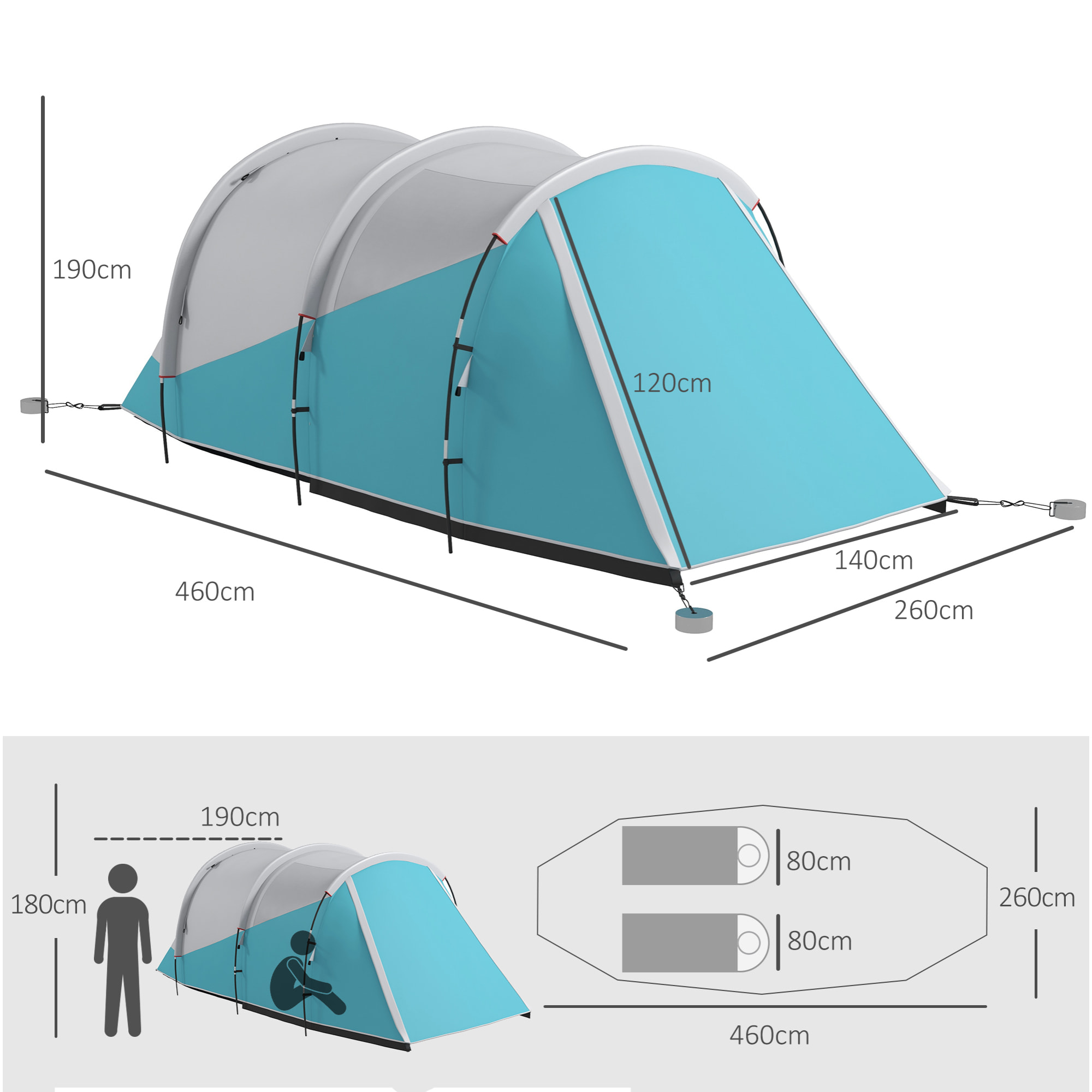 Tente de camping familiale 4-5 personnes - tente tunnel 2 portes fenêtres - dim. 4,6 x 2,6 x 1,9 m - bleu gris