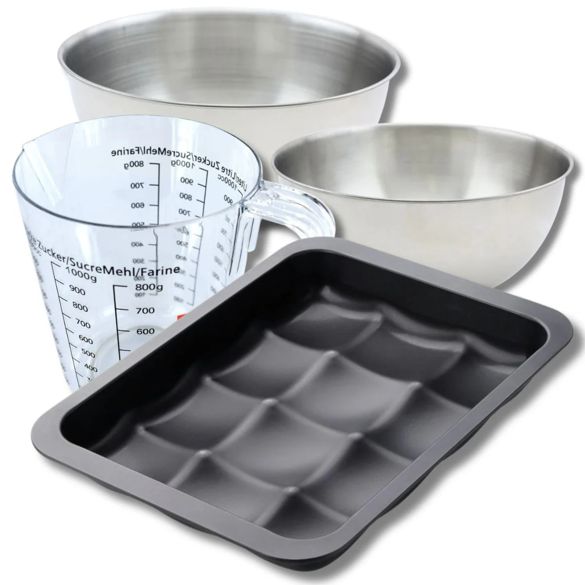 Set pâtisserie avec moule pour 12 mini pains, 2 bols à mixer, verre mesureur et spatule Zenker