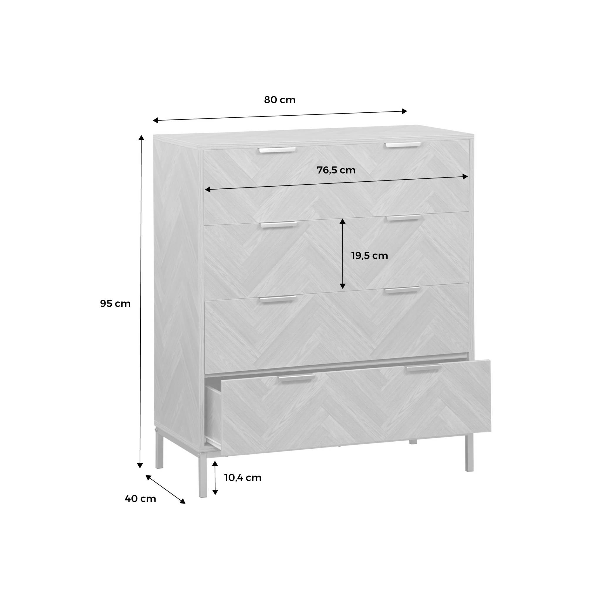 Commode Budapest. quatre tiroirs. décor chevrons L 80 x l 40 x H 95cm
