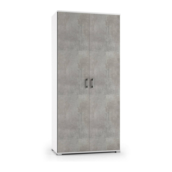 Armadio multiuso Aliosha, Mobile lineare a 2 Ante battenti, Guardaroba a 4 ripiani regolabili, Scarpiera moderna, 100% Made in Italy, 90x45h195 cm, Cemento e Bianco
