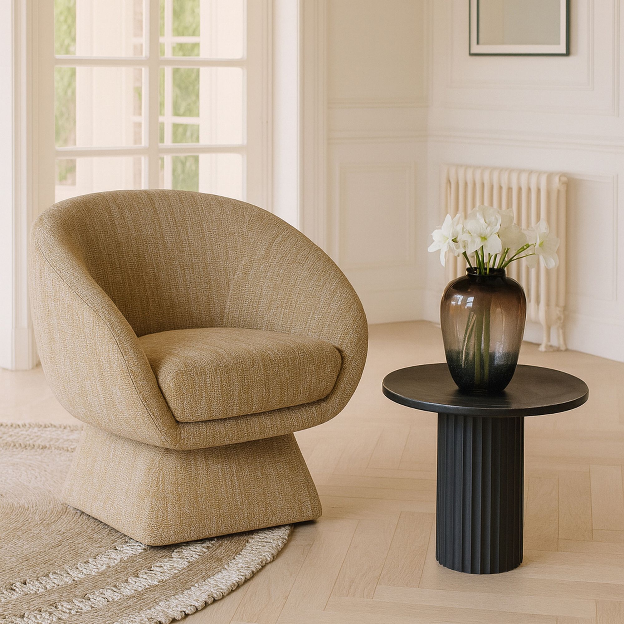 Fauteuil pivotant en tissu tweed ocre chiné SIXTIES