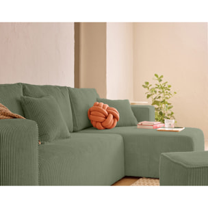 Topaze - canapé d'angle réversible 4 places - convertible avec coffre, tablette et poufs - en velours côtelé - Vert sauge