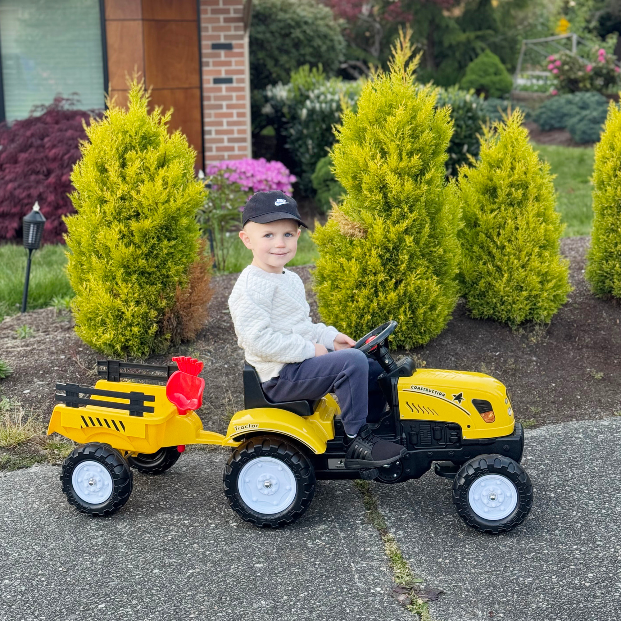 Porteur tracteur enfants avec remorque, râteau et pelle, tracteur à pédales 6 roues, charge 35 kg, pour 3+ ans, jaune