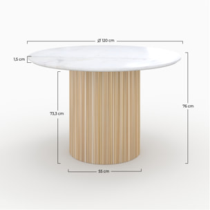 Table ronde 4 personnes en marbre blanc et bois de manguier D120 cm - Agathe