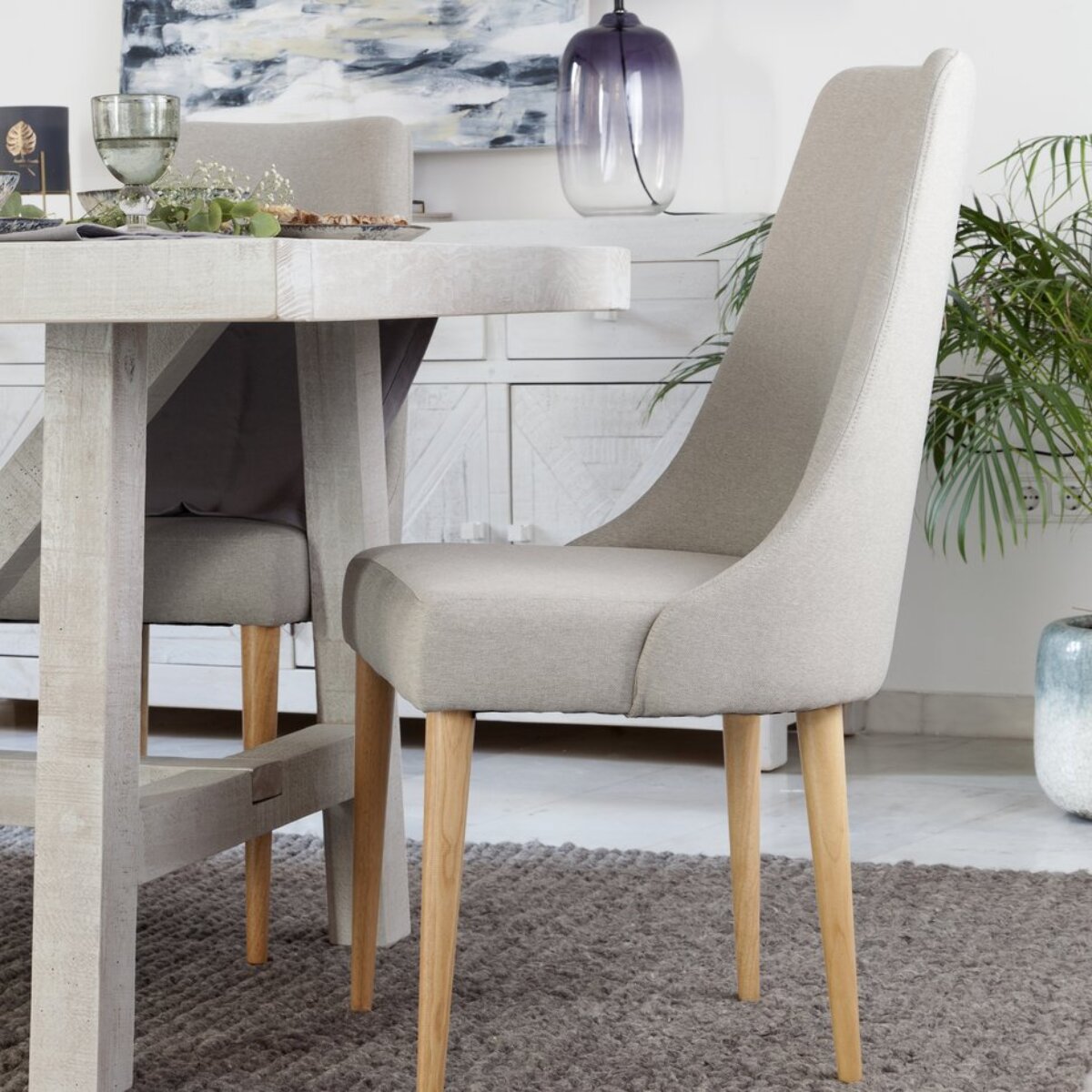 Pack de 6 chaises -bois massif d'hévéa, mousse pu et textile-couleur beige 52 x 96 x 59 cm