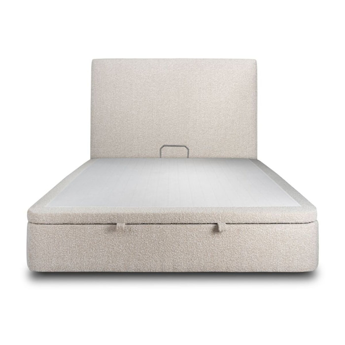 Lit avec sommier et tête de lit lisse - Tissu bouclette au style épuré - Adapté à tous les matelas, montage rapide - Grand Rangement