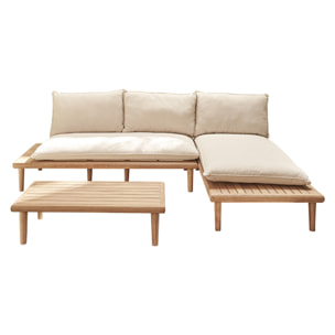 Papeete - salon bas de jardin 4 places + table - bois d'acacia et coussins beiges - Bois / Beige