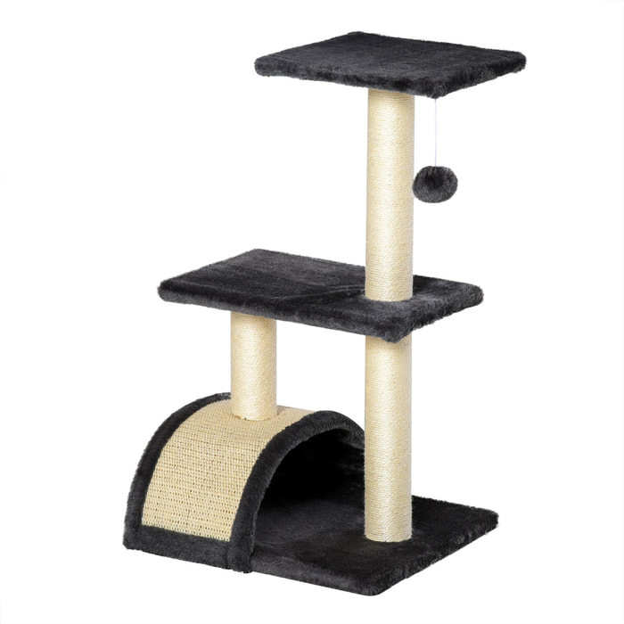 Arbre à chat griffoir grattoir design jeu boule suspendue 2 plateformes peluche sisal naturel gris