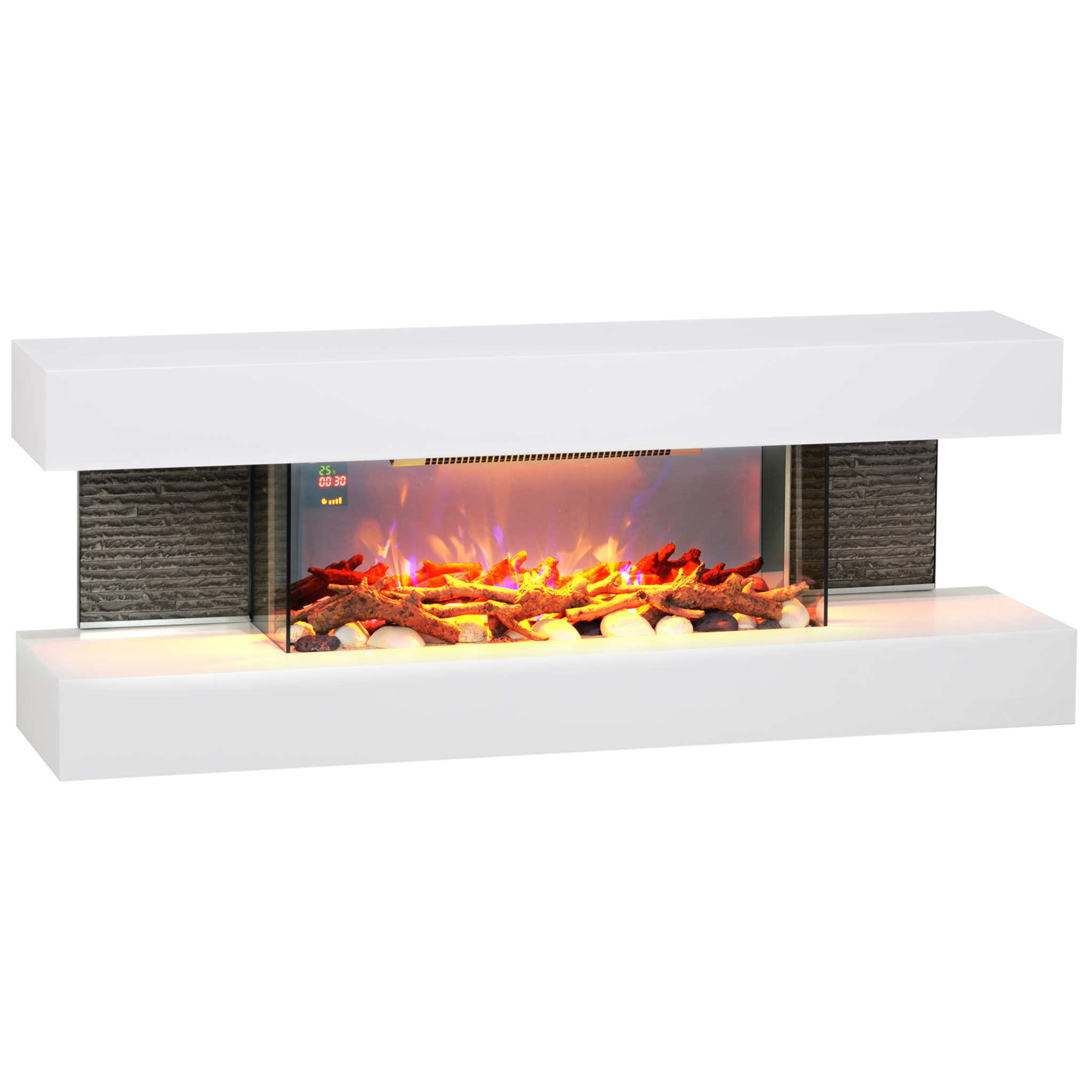 Cheminée électrique design contemporain 2000W effets flammes LED 3D dim. 119L x 30l x 45H cm éléments décoratifs télécommande inclus blanc