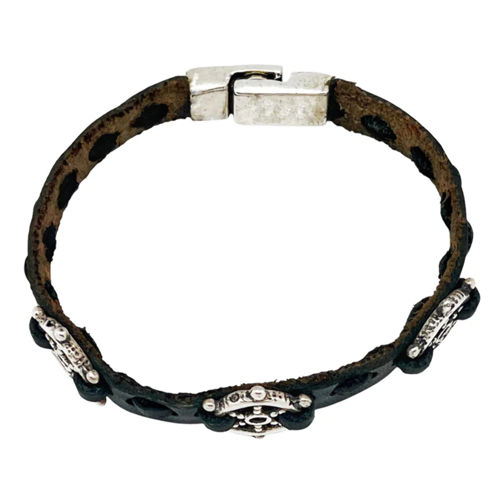 Pulsera Timón3 cuero negro y plata chapado