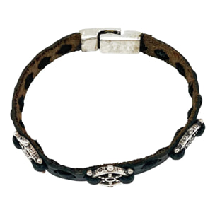 Pulsera Timón3 cuero negro y plata chapado
