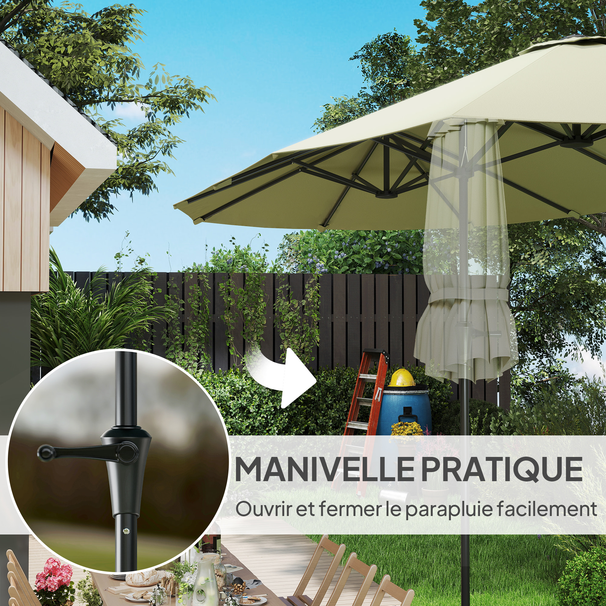 Parasol de jardin grande taille 4 x 2,2 x 2,3 m manivelle métal époxy tissu haute densité 180 g/m² blanc cassé