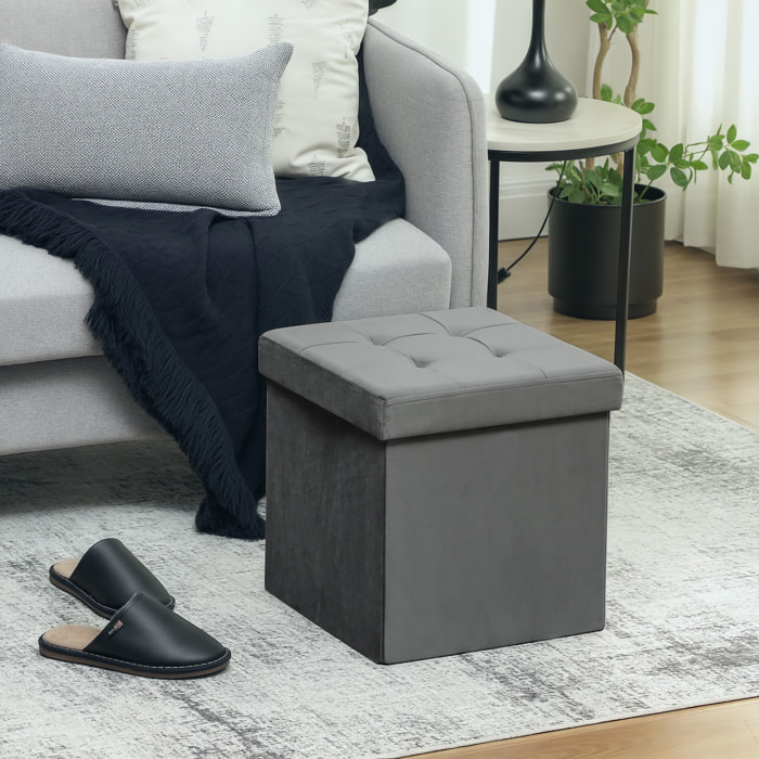 Pouf coffre velours effet capitonné pliable - pouf de rangement - dim. 38x38x38cm - gris