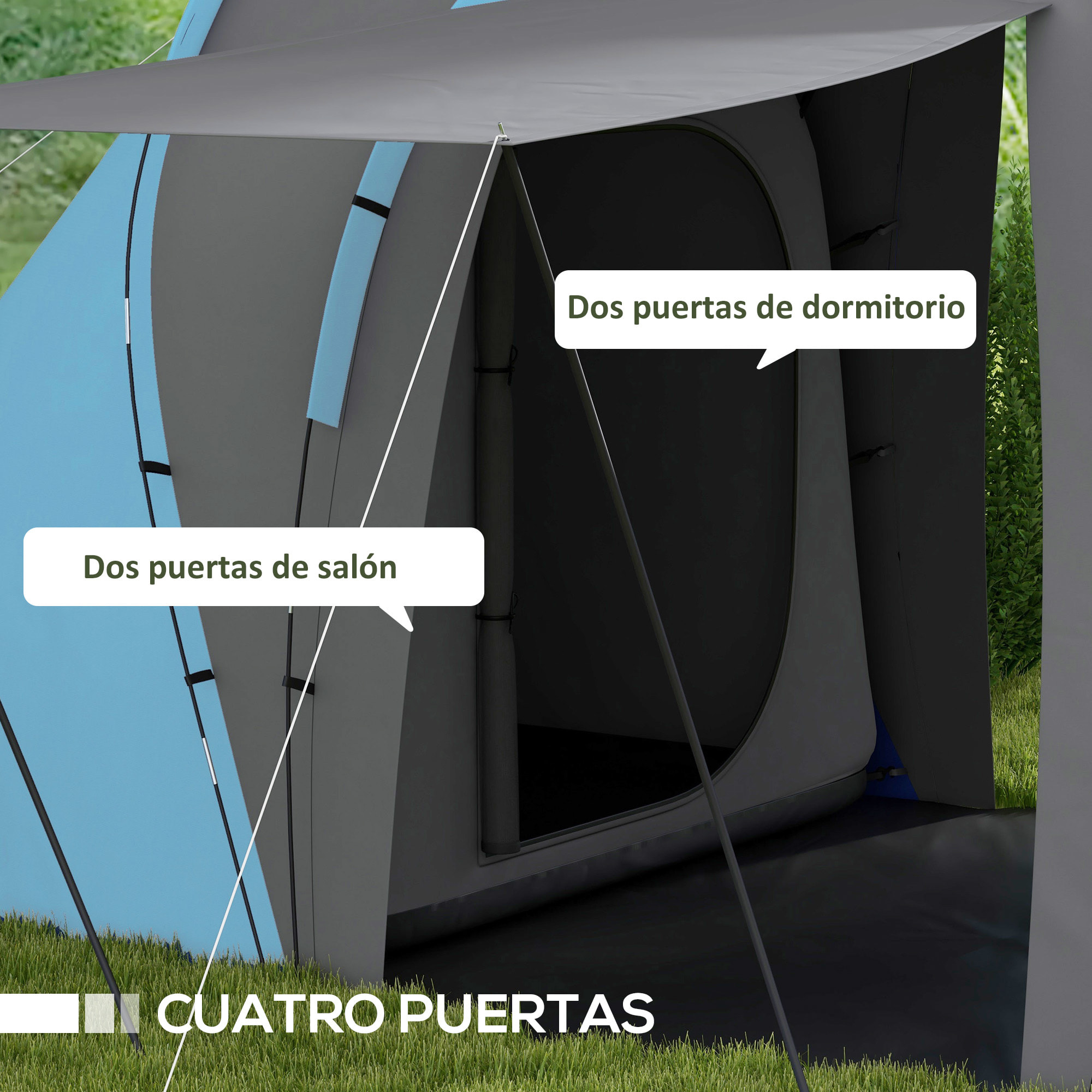 Tienda de Campaña Familiar tipo Túnel para de 4-6 Personas Impermeable 2000 mm Tienda de Camping Plegable con 2 Dormitorios Bolsa para Senderismo 555x225x190 cm Gris y Azul