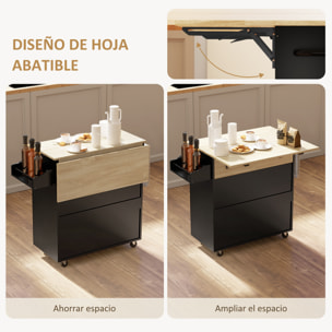 Isla de Cocina con Ala Abatible Carrito de Cocina Mueble Auxiliar de Cocina con Ruedas 2 Puertas Cajón Especiero Toallero y Estante Ajustable 106x42x87 cm Negro y Roble