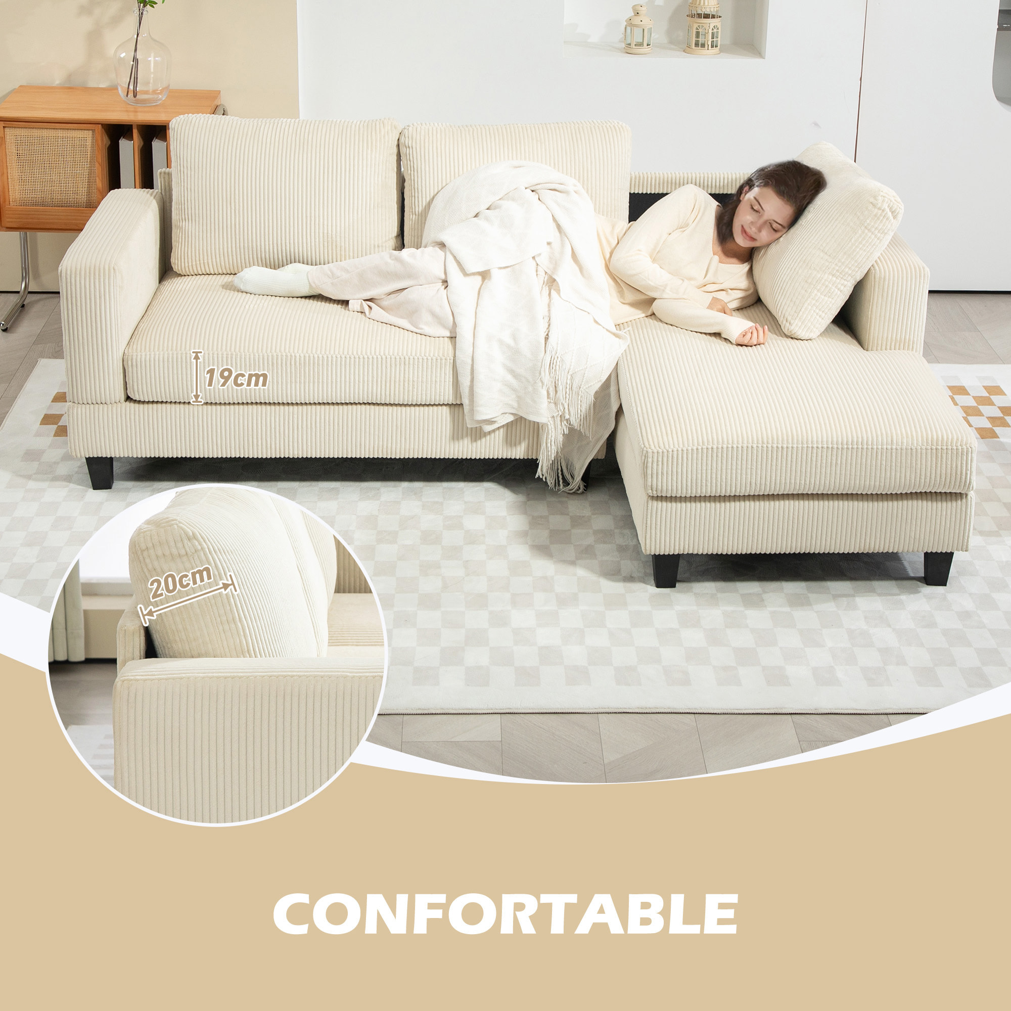 Sofá Chaise Longue, Sofá de 3 Plazas en Forma de L, Tapizado en Pana, Asiento y Respaldo Acolchados, para Salón, 214x134x87 cm, Beige