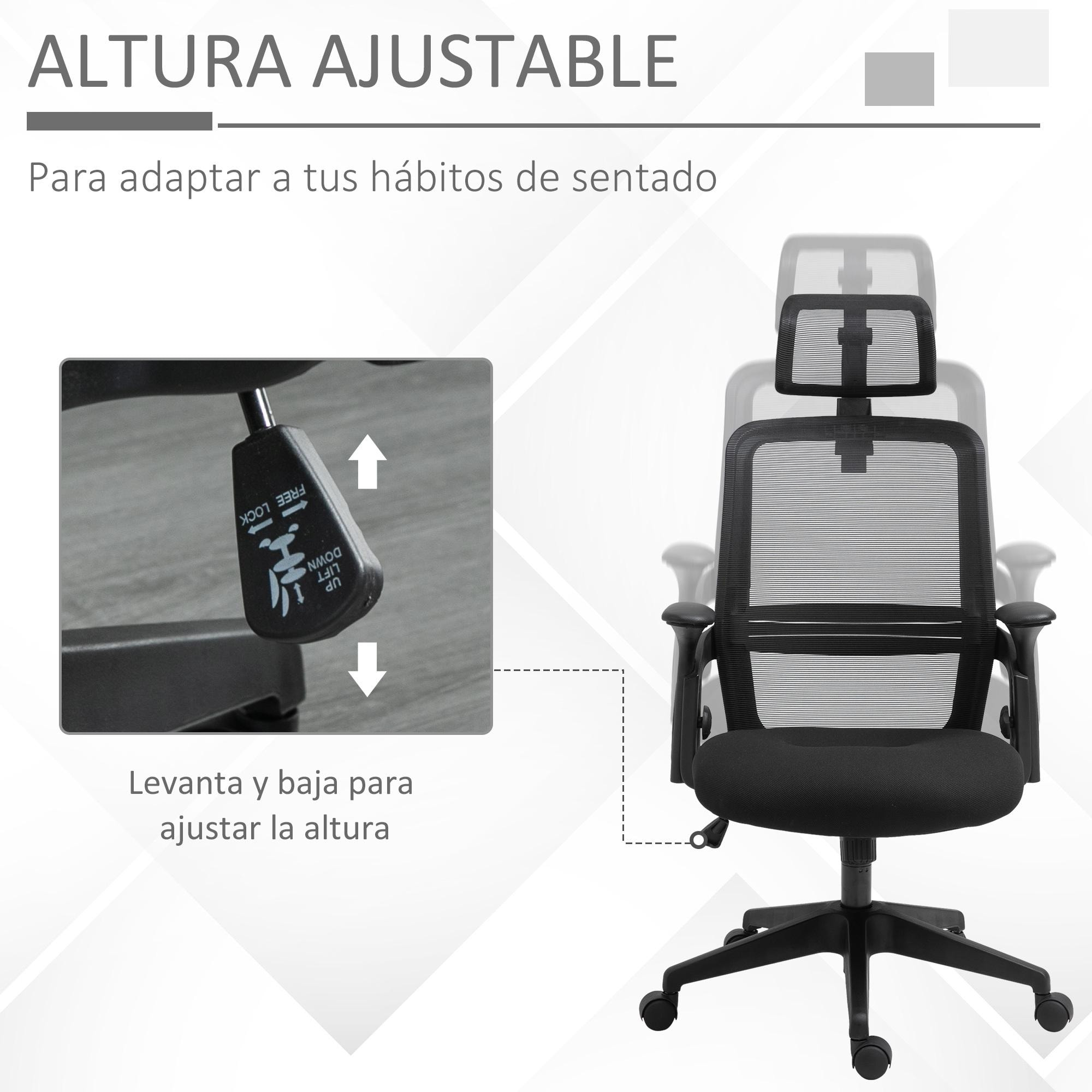 Vinsetto Silla de Oficina Ergonómica Silla Escritorio Giratoria con Altura Ajustable Reposacabezas Soporte Lumbar Regulables y Respaldo Transpirable 63,5x64,5x113-122 cm Negro