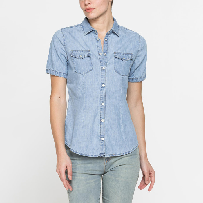 CAMICIA SLIM FIT A MANICA CORTA IN DENIM LEGGERO 7oz