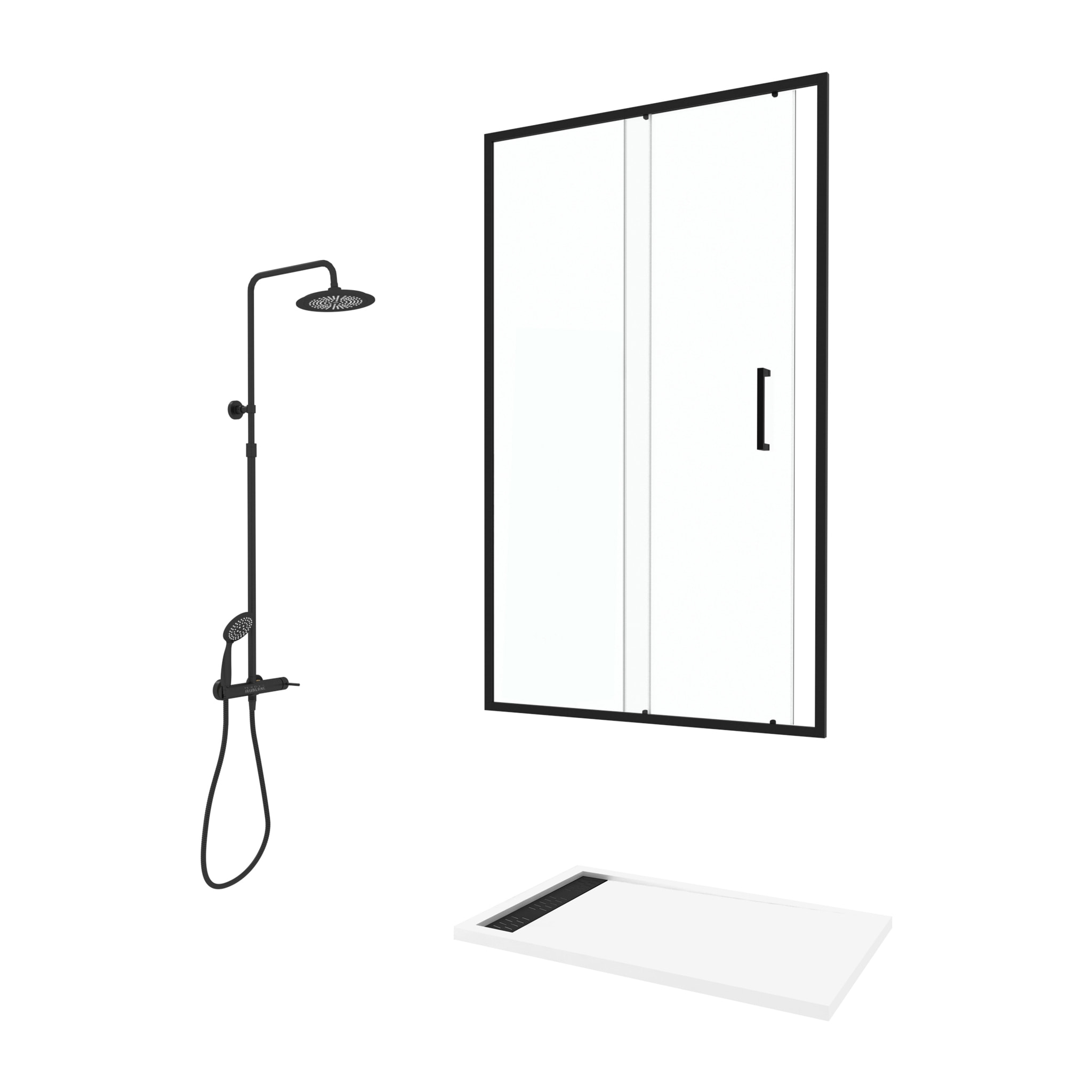 Porte de Douche Coulissante 120x200 cm Profil Noir et Receveur Blanc + Colonne de Douche Mécanique
