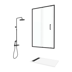 Porte de Douche Coulissante 120x200 cm Profil Noir et Receveur Blanc + Colonne de Douche Mécanique