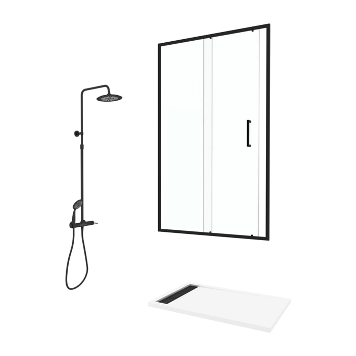Porte de Douche Coulissante 120x200 cm Profil Noir et Receveur Blanc + Colonne de Douche Mécanique