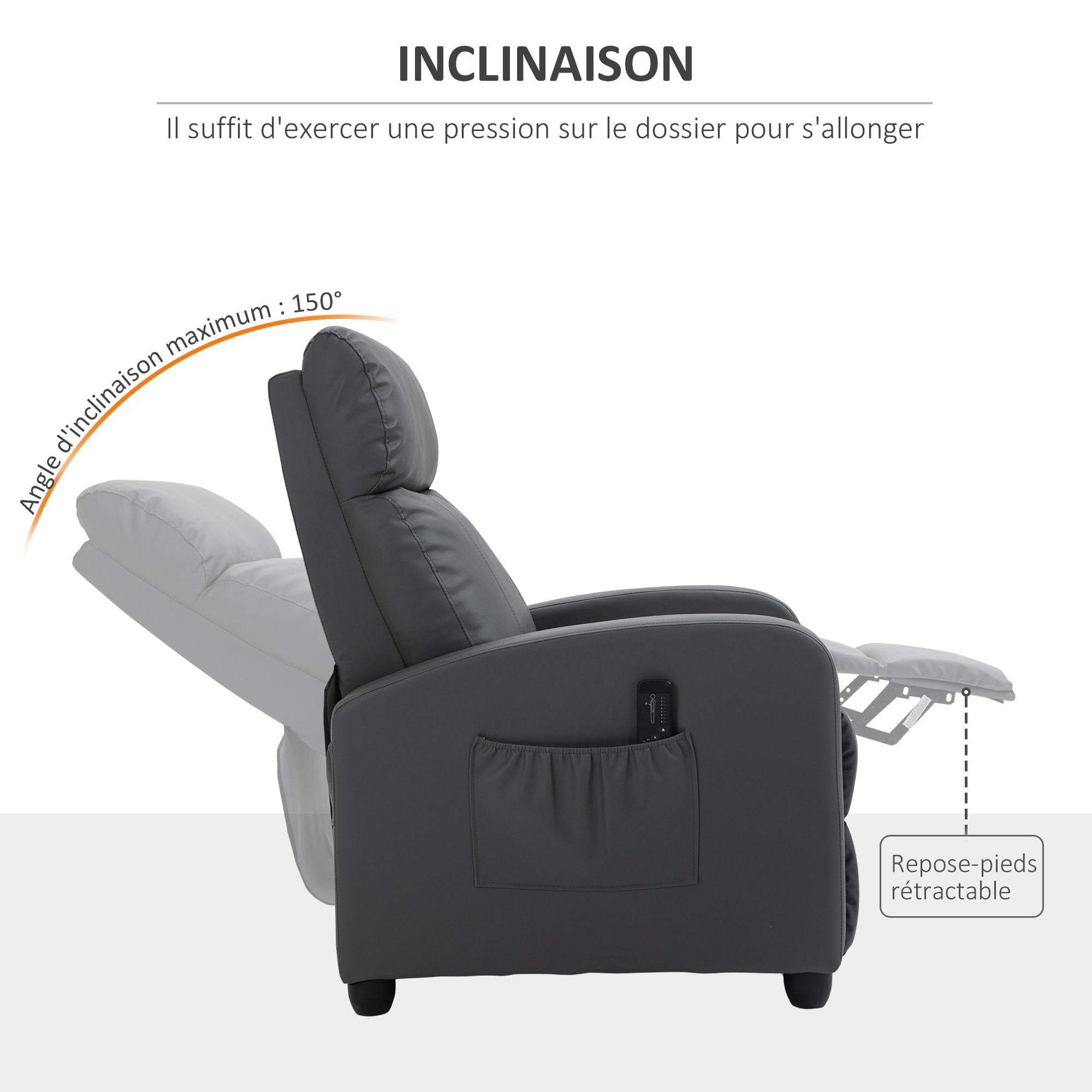 Fauteuil de relaxation et massage inclinaison dossier repose-pied réglable revêtement synthétique gris