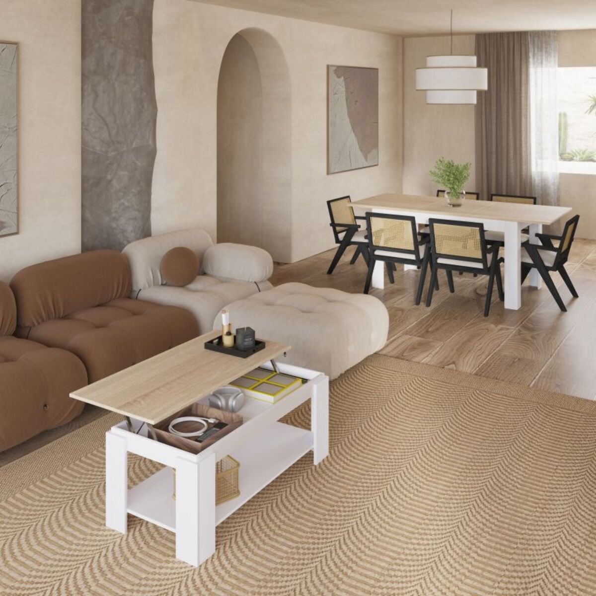 Pack mesa de comedor 140 y mesa de centro Lya Blanco Artik (Blanco Mate) - Roble Canadian