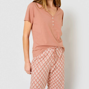 Pijama largo algodón manga corta con escote pico zurich rosa