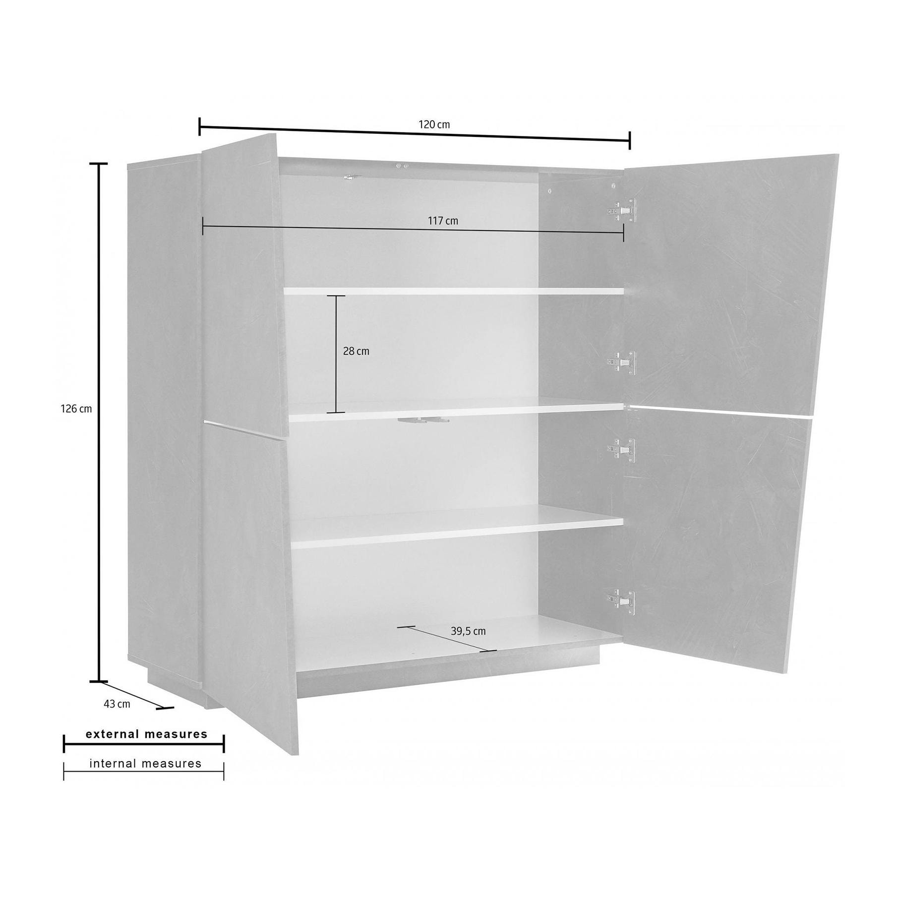 Credenza moderna di design a 4 ante battenti, Made in Italy, Buffet da cucina, Madia con scaffali da cucina, cm 120x43h126, colore Bianco lucido