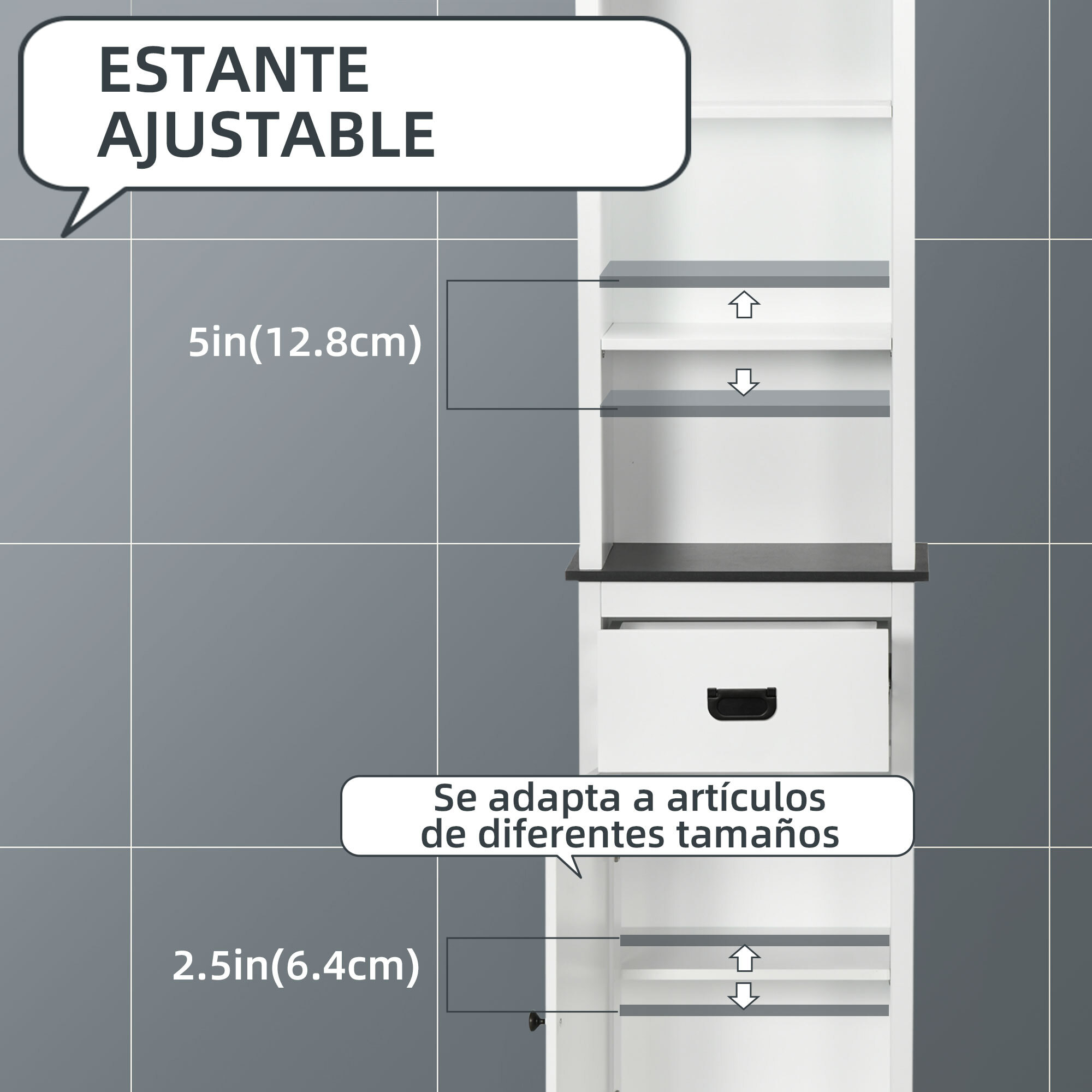 Conjunto de Baño Incluye 1 Armario Auxiliar de Baño y 1 Columna de Baño con Estantes Ajustables y Cajón Estilo Moderno Antivuelco para Dormitorio Blanco