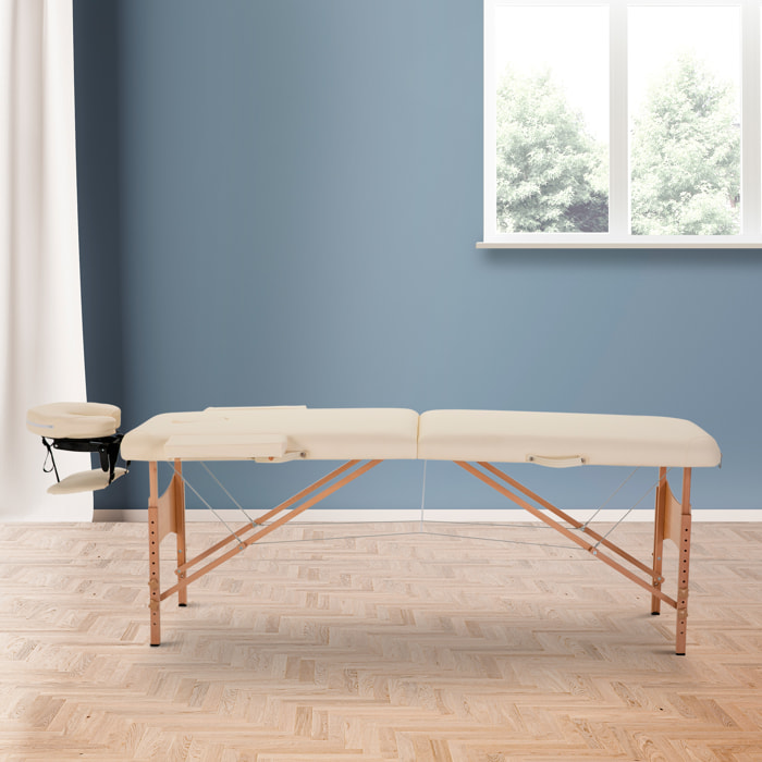 Camilla de Masaje Plegable 185x60 cm Camilla Plegable Portátil con Reposacabezas Extraíble Asa y Marco de Madera Camilla Fisioterapia con Altura Regulable y Bolsa de Transporte Crema