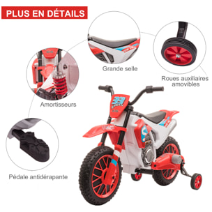 Moto cross électrique enfant 3 à 5 ans 12 V 3-8 Km/h  avec roulettes latérales amovibles dim. 106,5L x 51,5l x 68H cm rouge