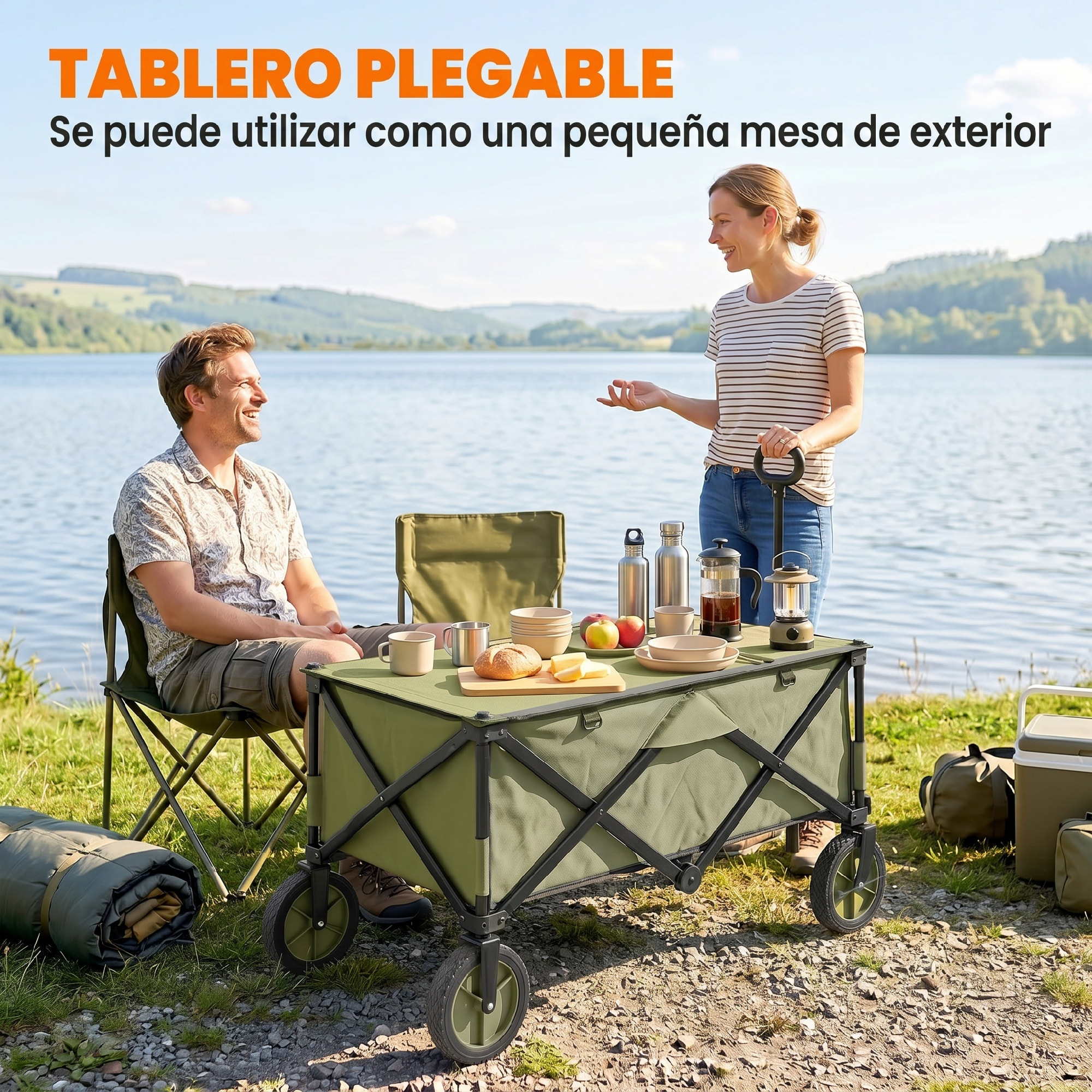 Carro Plegable de Jardín con Ruedas Carro para Playa con Mango Telescópico Tablero Plegable 5 Bolsas Marco de Acero Carga 100 kg para Compra Patio 108x55x93 cm Verde
