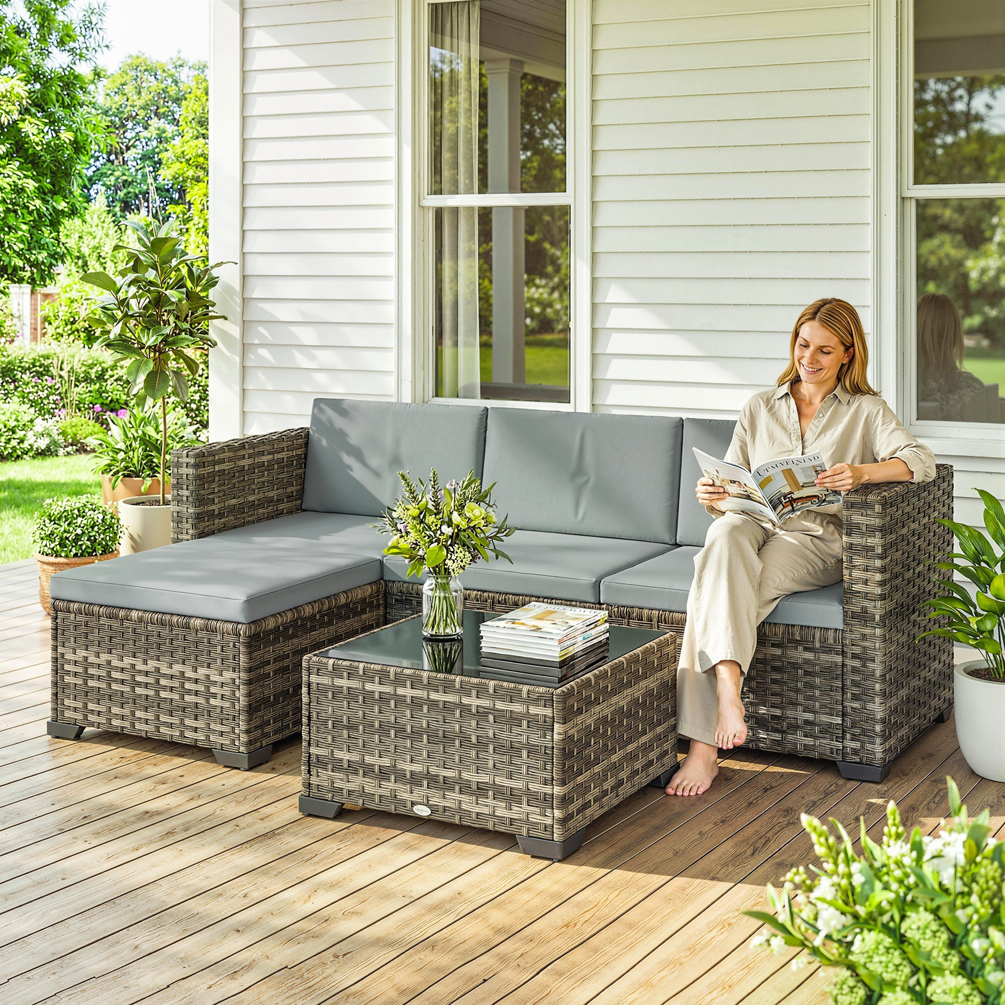 Conjunto de Jardín de Ratán de 5 Piezas, Conjunto Terraza Resistente, Muebles Jardín Exterior Incluye Cojines, 2 Sillones de Esquina, Sillón sin Brazos, Reposapiés y Mesa Centro, Gris Claro