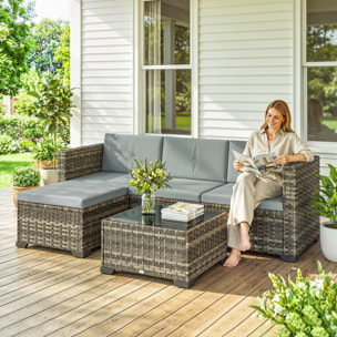 Conjunto de Jardín de Ratán de 5 Piezas, Conjunto Terraza Resistente, Muebles Jardín Exterior Incluye Cojines, 2 Sillones de Esquina, Sillón sin Brazos, Reposapiés y Mesa Centro, Gris Claro