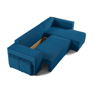 Topaze - canapé d'angle réversible 4 places - convertible avec coffre, tablette et poufs - en velours côtelé - Bleu