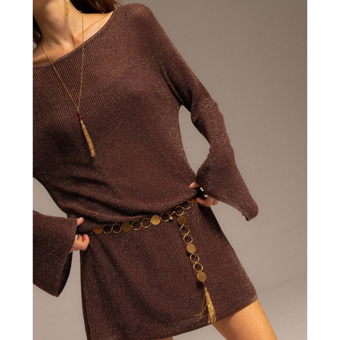 Vestido corto de punto con brillo y diseño acampanado