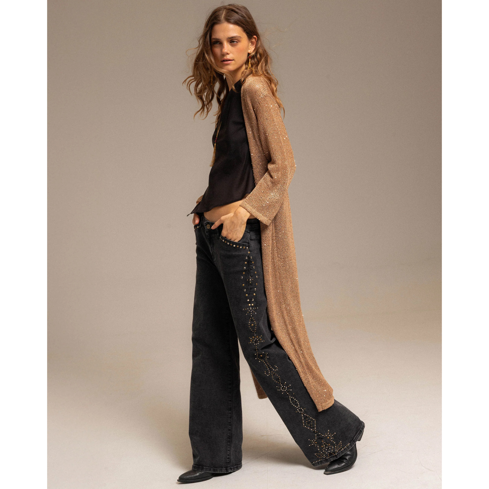 Cárdigan de mujer largo de punto con lentejuelas