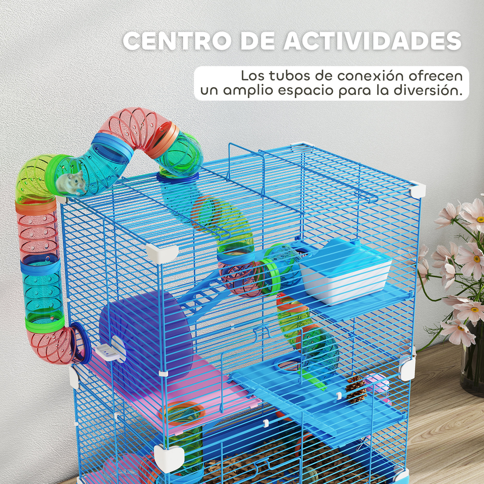 Jaula para Hámster Casa para Animales Pequeños con Túnel Plataformas Cuenco Bebedero Casita Rampas y Rueda de Ejercicio 46x30x58cm Azul