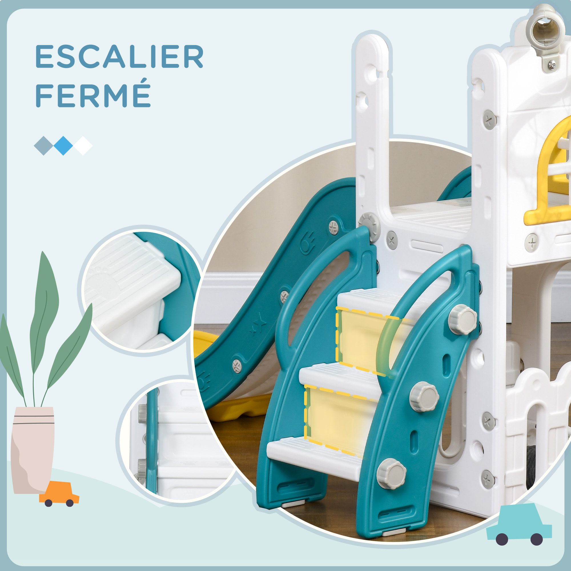 Toboggan pour enfant multifonction - télescope, panier basketball, espace rangement - HDPE blanc vert turquoise