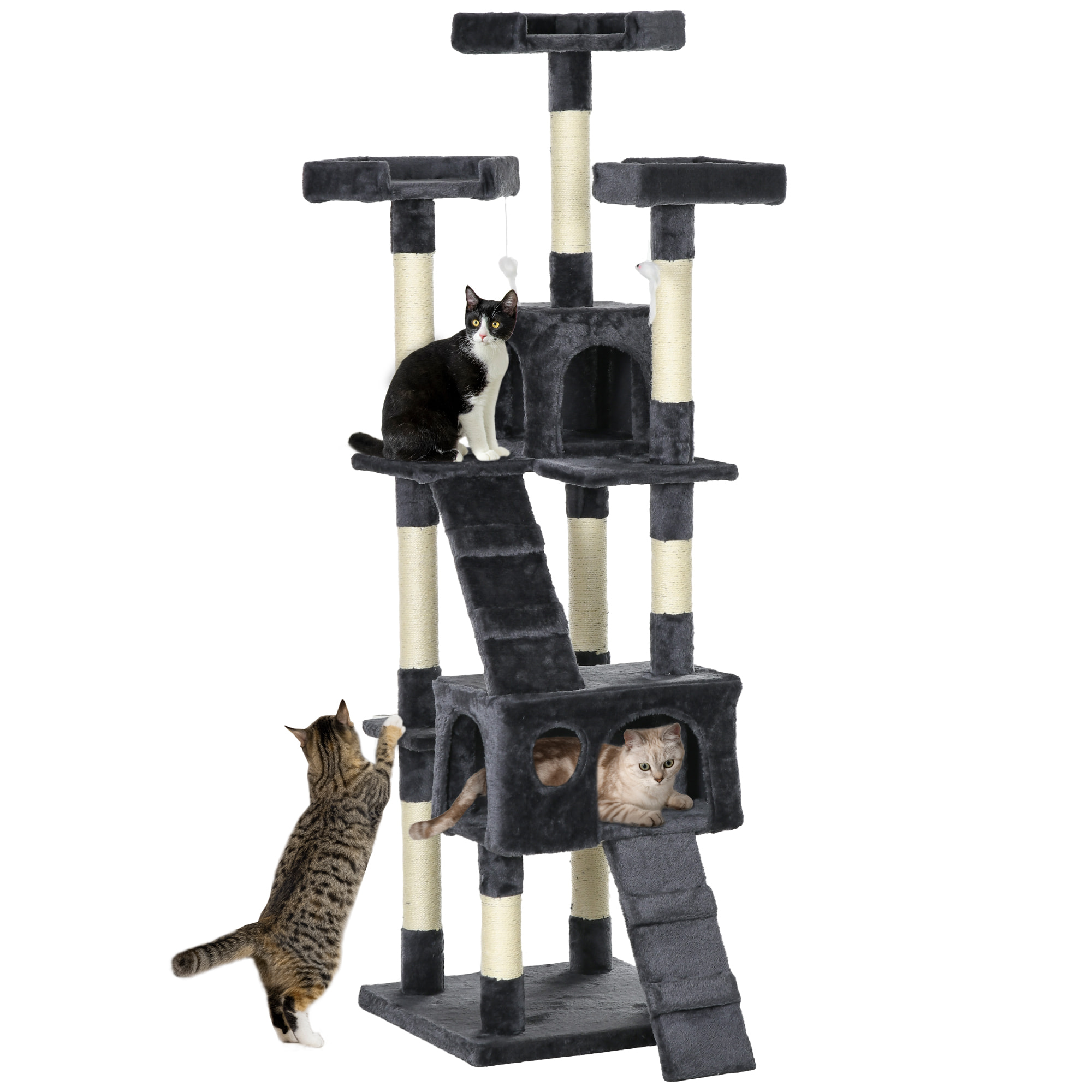 Árbol Rascador para Gatos Grande 49x49x173 cm con Múltiples Niveles con Cuevas Escaleras Juguetes Colgantes Camas Centro Actividades Sisal Beige