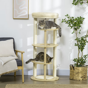 PawHut Árbol Rascador para Gatos de Madera 123,5 cm Torre Escalador para Gatos con Múltiples Plataformas Cama Desmontable y Cojines Ø54x123,5 cm Roble