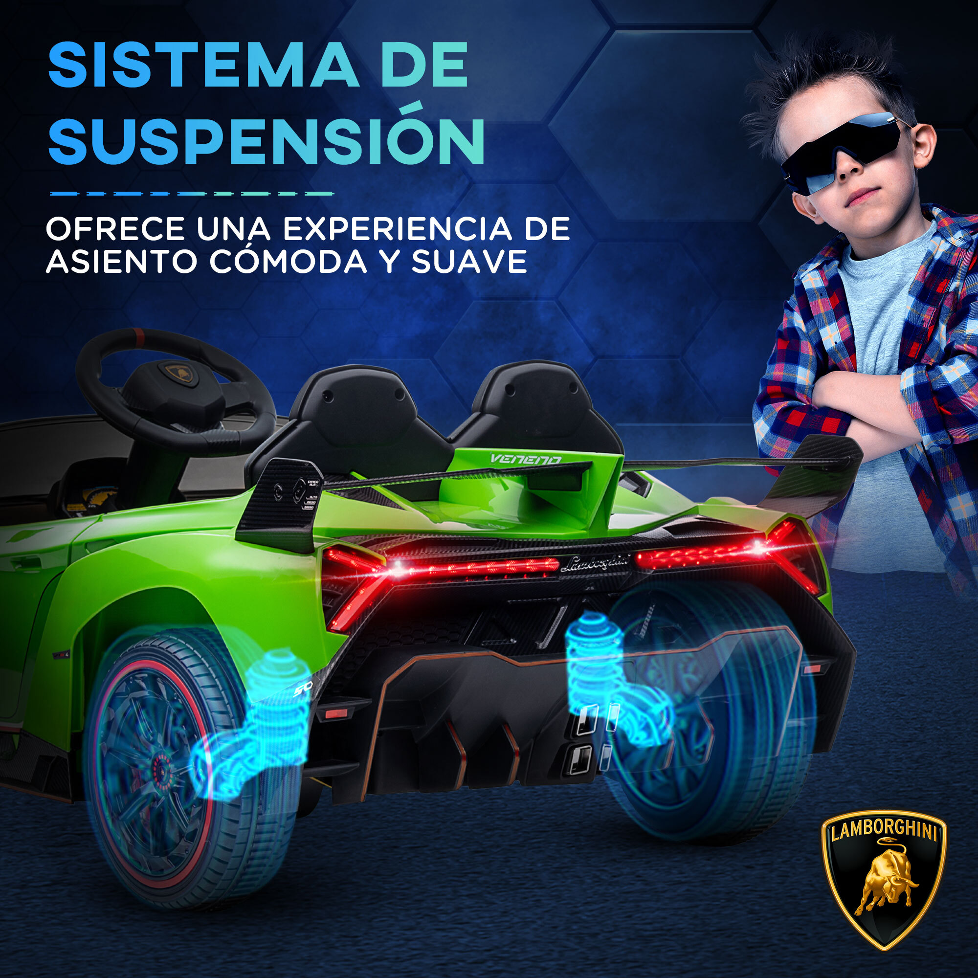 Coche Eléctrico Lamborghini para Niños de 3 a 6 Años Coche de Batería 12V Velocidad Max.7 km/h Puerta de Tijera con Control Remoto MP3 Luces y Cinturón de Seguridad 111x61x45 cm Verde