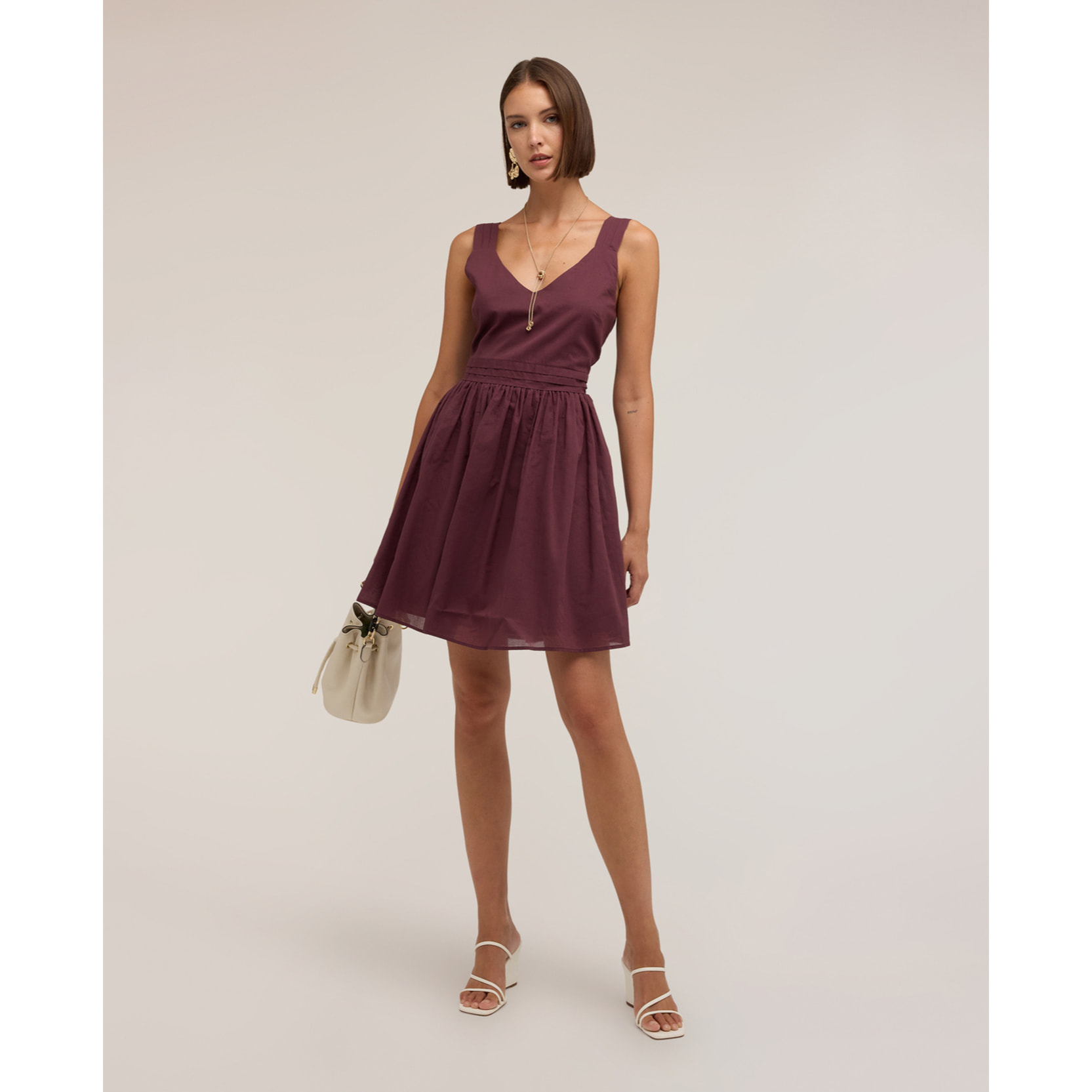 Motivi - Vestito flare in voile di cotone con scollo a V - Bordeaux